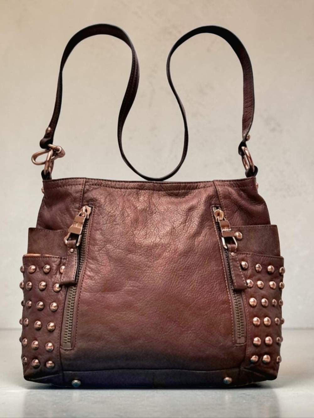 B. Makowsky Leather/Suede Bag Rose Gold Studs/Hardware EUC Sexy